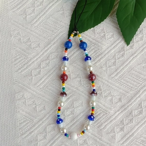 Bohemian colorful beaded phone strap with acrylic beads and cute mushroom charm charm