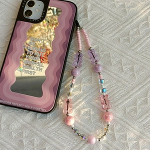 Cute gummy bear beaded phone strap and purple mirror case for iPhone with crystals