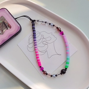 Colorful beaded phone lanyard with gradient polymer clay discs and faceted crystal beads