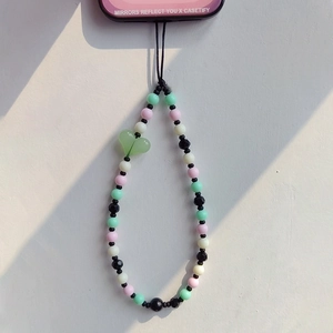 Handmade beaded phone strap with green heart charm and colorful resin beads for women