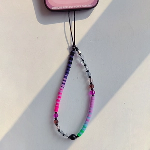 Violet gradient handmade beaded phone lanyard with clay discs and clear crystal beads