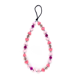 Bijou de téléphone en acrylique rose avec smiley, perles en cœur et cordon cristal