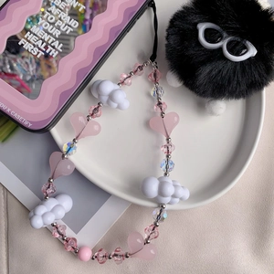 Pink heart and white cloud beaded phone charm strap with sparkling faceted crystals