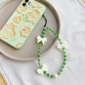 Summer Green Crystal Beaded Phone Chain With Resin Butterfly Bow Style Phone Strap Lanyard For Women Bag Charm Jewelry