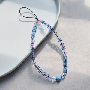 Blue crystal beaded phone strap accessory with clear cubes and frosted blue round bead