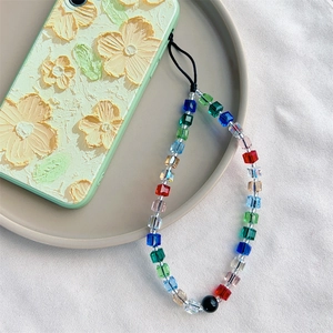 Handmade Colorful Artificial Crystal Beaded Phone Chain Anti-lost Acrylic Cube Bead Mobile Phone Strap For Women Fashion Jewelry
