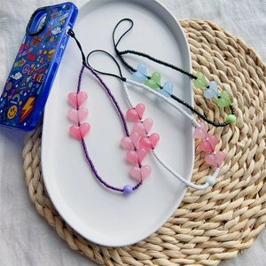 Dragonne De Téléphone Faite Main En Perles Acryliques Cœur Lanière Anti-Perte Chaîne De Clés Pour Femmes Filles Décoration Tech