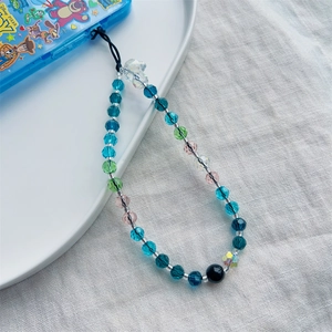 Ocean-themed colorful faceted crystal beaded phone lanyard strap with black accent bead