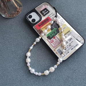 Handmade pearl phone lanyard for iPhone with baroque pearls and gold metallic beads