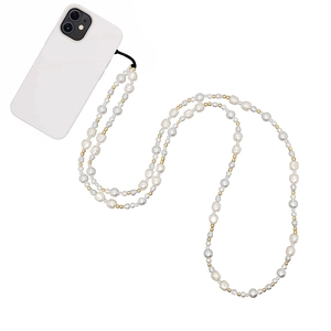 Cordon de téléphone long élégant avec perles blanches irrégulières et perles dorées fines