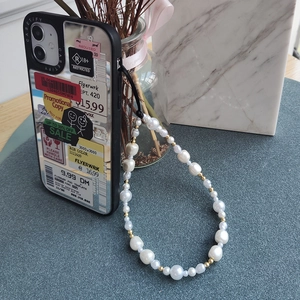 Handmade Baroque pearl phone strap with golden beads for iPhone 15 14 13 series