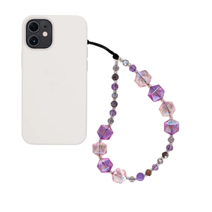 Detail of dopamine style phone lanyard with purple faceted crystal beads on white phone case
