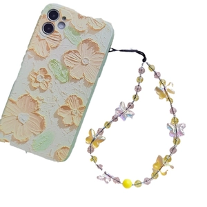 Beaded butterfly phone strap and relief oil painting floral phone case on white background