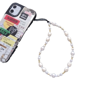 Handmade baroque pearl phone strap with golden beads for iPhone 15 14 13 12 cases