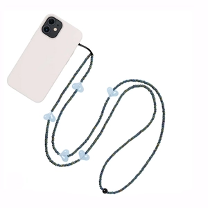 Crossbody phone charm strap with iridescent dark beads and blue heart accents