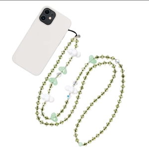 Cordon de téléphone croisé en perles vertes avec breloques cœur et nuage sur coque
