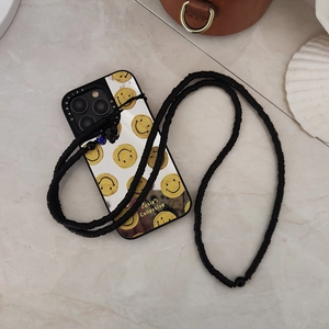 Beaded Halloween black skull phone strap with smiling face pattern for women's crossbody use
