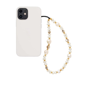 Elegant beaded phone strap featuring irregular pearls, amber crystals, and gold accents