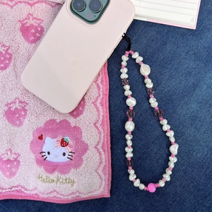 Handmade beaded phone strap with baroque pearls and pink purple crystal glass beads