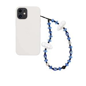 Blue evil eye and white cloud beaded phone charm strap with clear blue resin beads