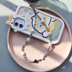 Baroque faux pearl phone strap with cartoon duck case and colorful beaded wristlet charm