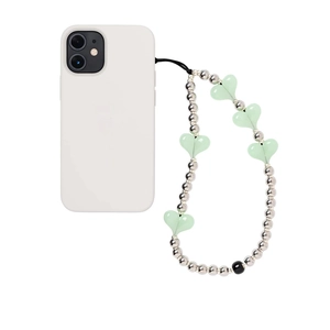 Beaded heart phone charm with silver round beads and green translucent heart bead accent