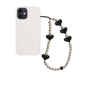Handmade beaded phone charm with black hearts and silver beads for women's smartphones