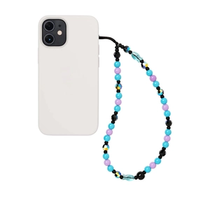 Handmade beaded phone strap with colorful crystals and a transparent fish charm on a white case