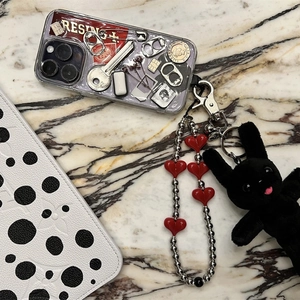 DIY transparent phone case with vintage charms and red heart beaded strap with rabbit toy