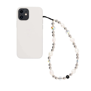 Baroque pearl phone wrist strap with silver beads and crystal charms on iPhone