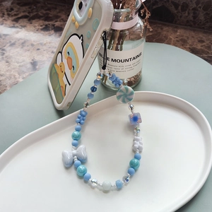 Sweet Blue White Beaded Phone Chain Handmade Resin Bowknot Bear Lollipop Anti-lost Phone Strap For Women Phone Accessories
