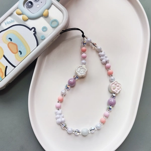 Charming bear and cat paw beaded phone wrist strap with pastel macaron resin beads