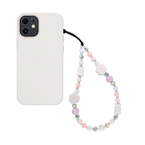 Cute pink and purple beaded phone strap with resin cat paw and bow charms on white case