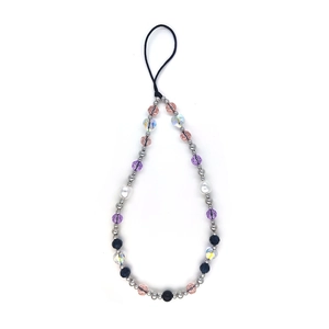 Close-up of colorful crystal beaded phone strap with heart beads and metallic accents