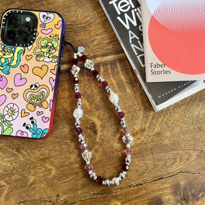 Handmade Crystal Glass Beaded Phone Charm Heart Faux Artificial Pearl Silver Plated Copper Wrist Strap Anti-Lost Lanyard Women Accessory