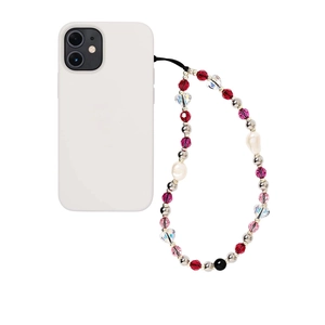 Colorful beaded phone wrist strap with crystal hearts and baroque pearls on white case