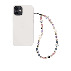 Colorful handmade beaded phone strap with crystals and pearls on a white phone case