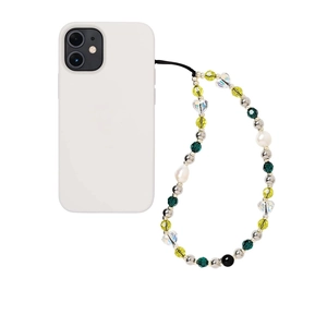 Macro view of multi-color beaded phone strap with crystal beads and heart charms