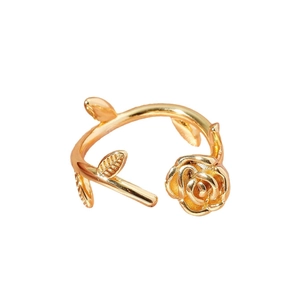 Romantic gold 3D rose flower open adjustable ring for women with natural leaf texture