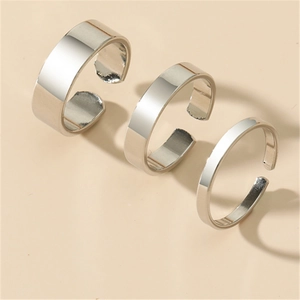 Three-piece set of minimalist silver adjustable rings with high polish finish for styling