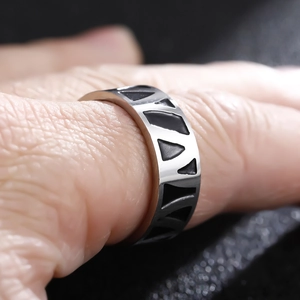 Vintage stainless steel ring for men with black geometric giraffe pattern textures