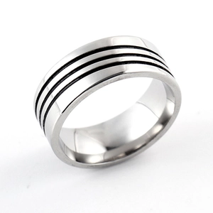 Men's vintage stainless steel ring with triple black grooves and silver polished finish