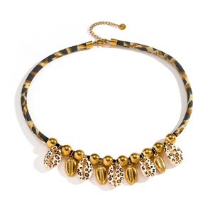 Titanium steel leopard print fabric necklace with gold sea shell and starfish pendants