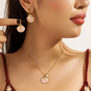 Stainless Steel Shell Artificial Pearl Necklace Earring For Women Gold Plated Enamel Scallop Pendant Ocean Style Vacation Jewelry Gift