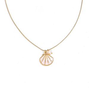 Gold snake chain necklace with white shell pendant and pearl drop in marine style