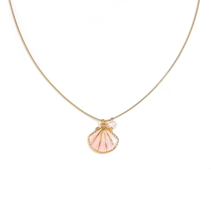 Pink shell pendant necklace with gold chain and small white pearl accent