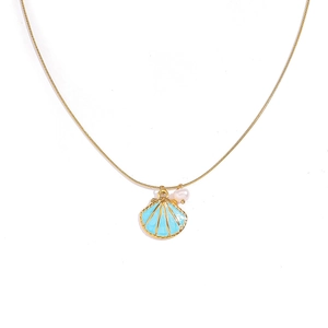 Golden snake chain necklace with light blue shell pendant and pearl for women