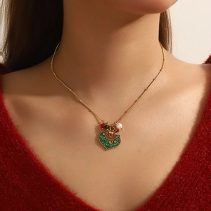 Christmas Stainless Steel Necklace Women Enamel Santa Reindeer Snowflake Gingerbread Bell Pendant Festive Jewelry Gift