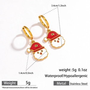 Detail view of Santa Claus earrings showing size dimensions and stainless steel texture