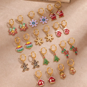 Christmas Stainless Steel Earrings For Women Gold Plated Enamel Santa Reindeer Snowflake Holiday Party Stud Hoop Earrings Jewelry